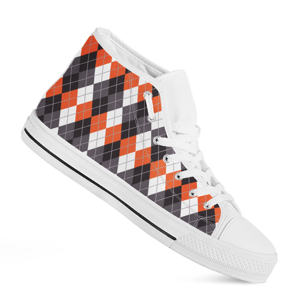 Grey Black Orange And White Argyle Print White High Top Shoes
