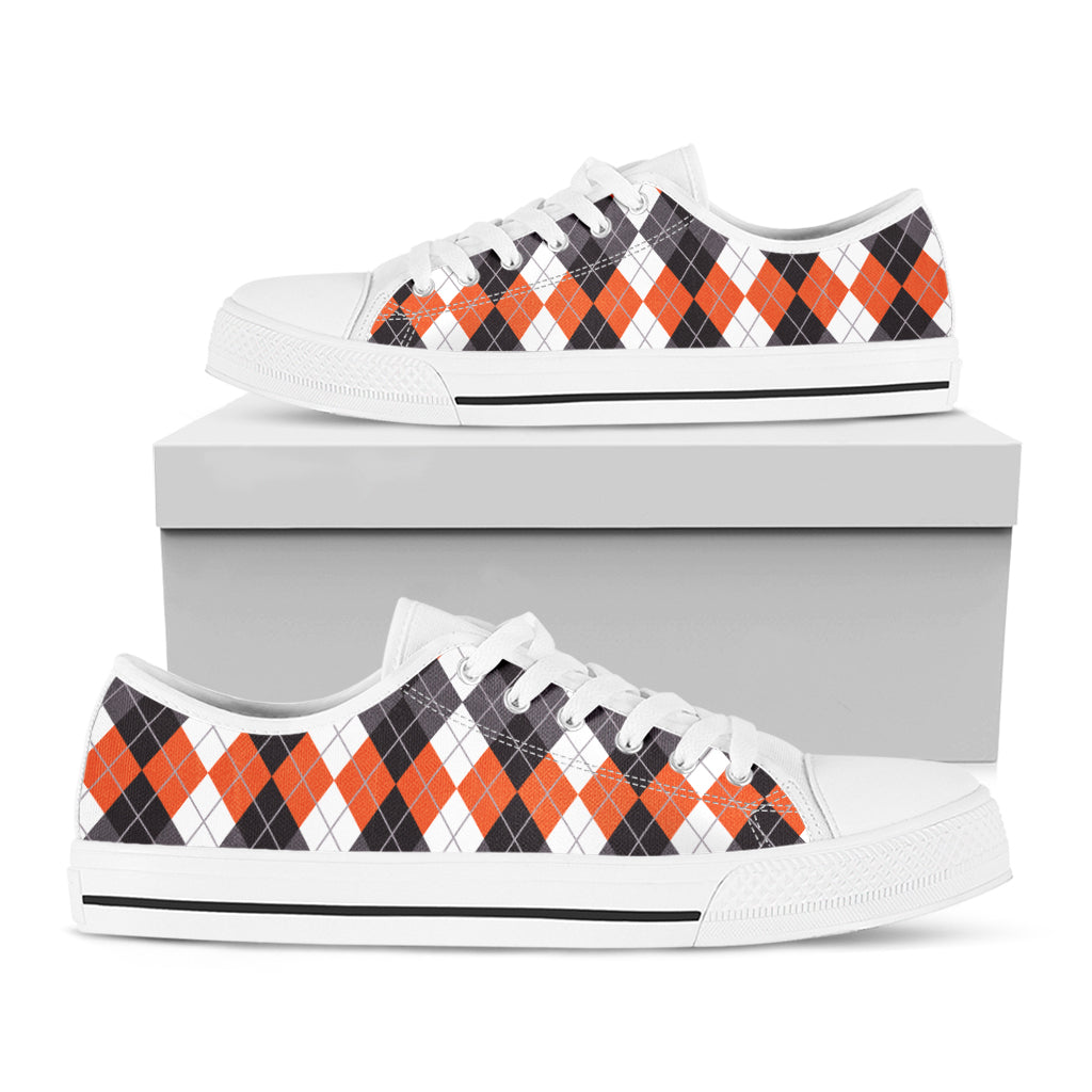 Grey Black Orange And White Argyle Print White Low Top Shoes