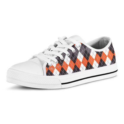 Grey Black Orange And White Argyle Print White Low Top Shoes