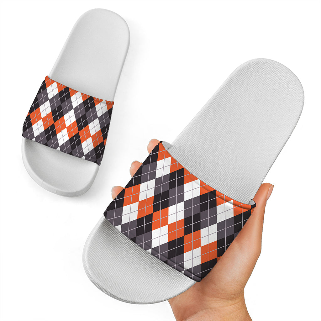 Grey Black Orange And White Argyle Print White Slide Sandals