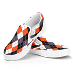 Grey Black Orange And White Argyle Print White Slip On Shoes