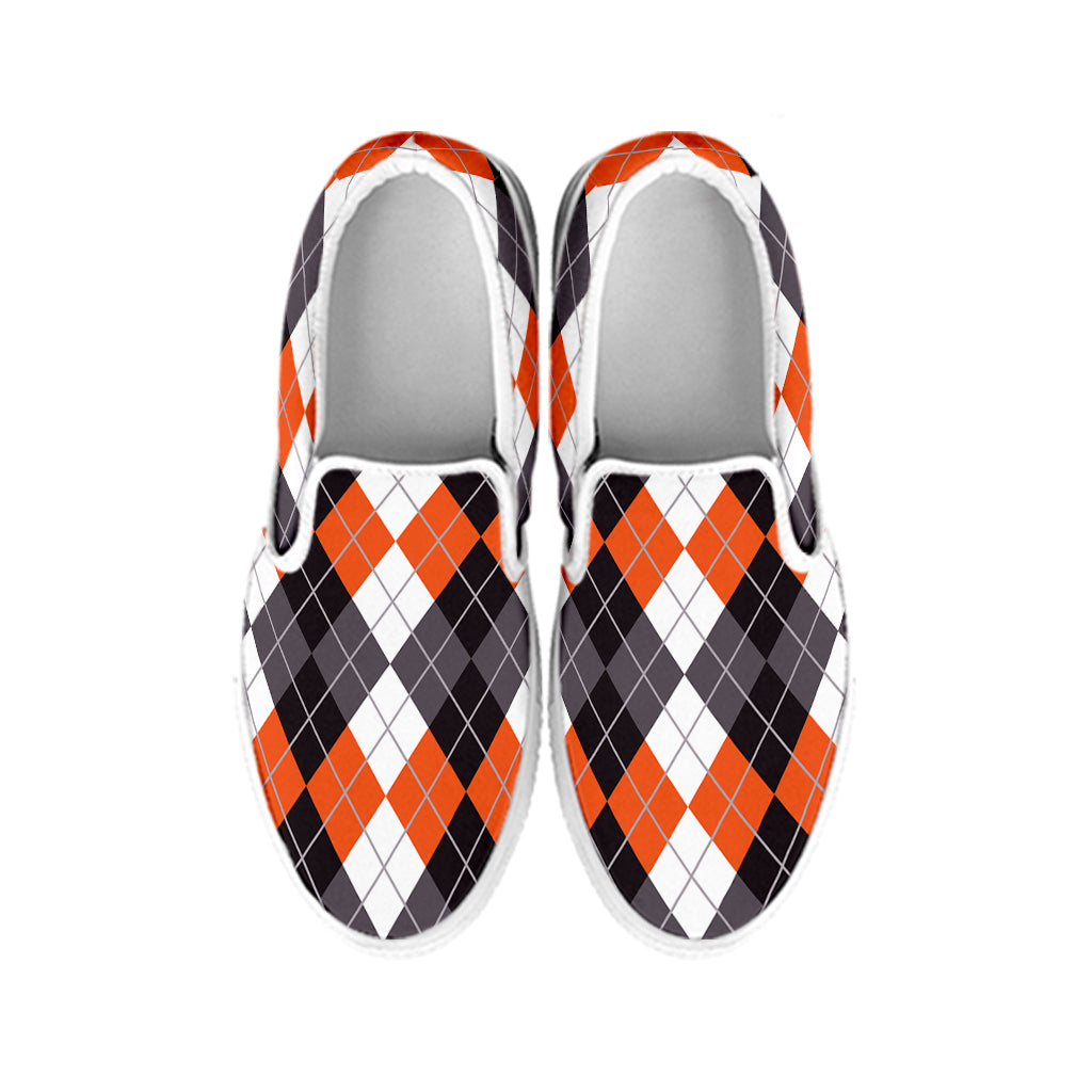 Grey Black Orange And White Argyle Print White Slip On Shoes