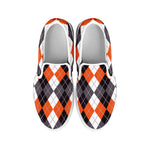 Grey Black Orange And White Argyle Print White Slip On Shoes