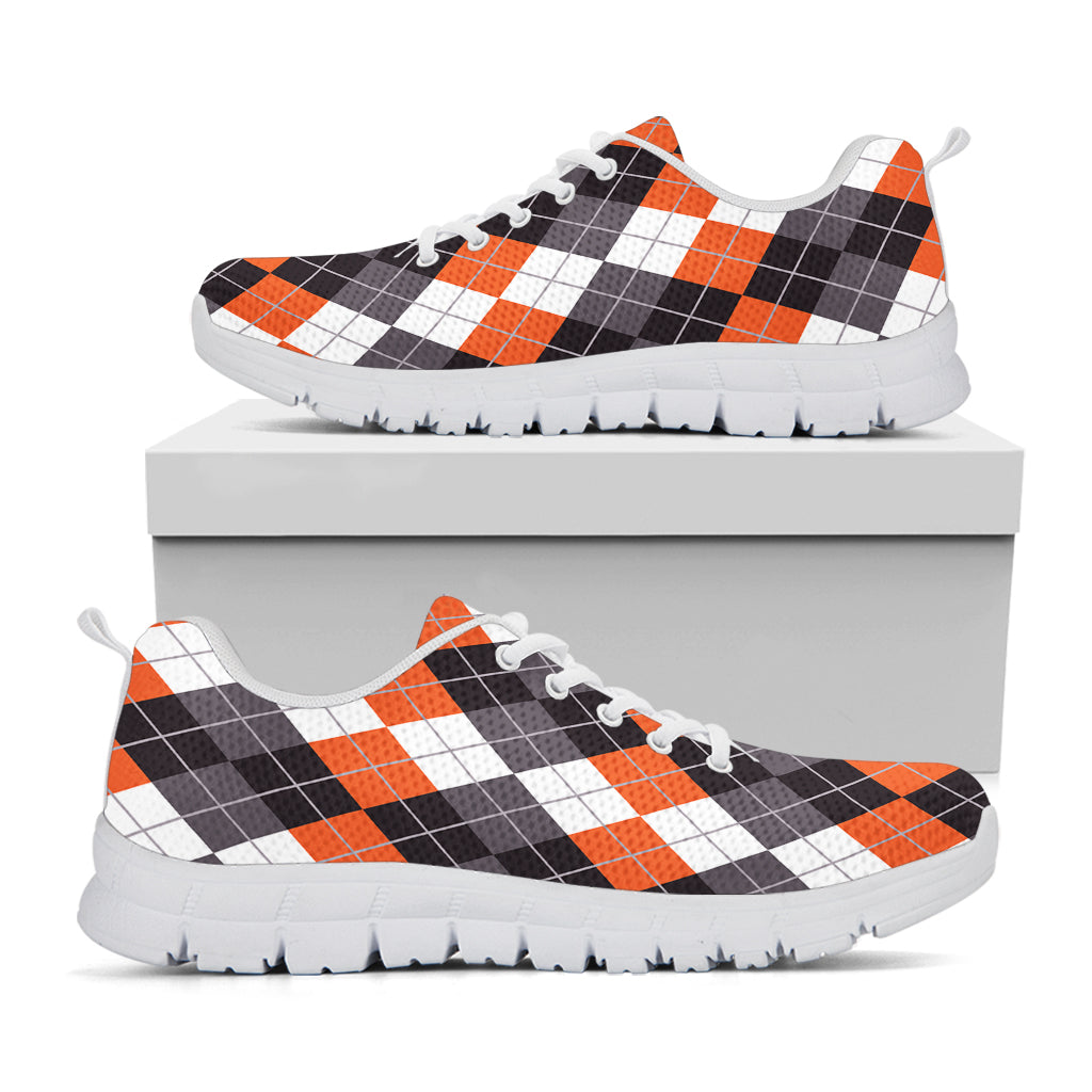 Grey Black Orange And White Argyle Print White Sneakers