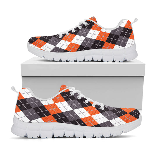 Grey Black Orange And White Argyle Print White Sneakers
