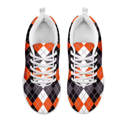 Grey Black Orange And White Argyle Print White Sneakers