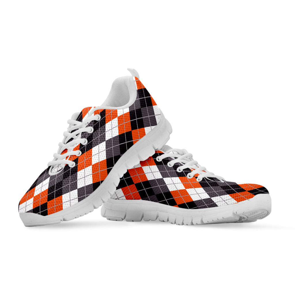Grey Black Orange And White Argyle Print White Sneakers