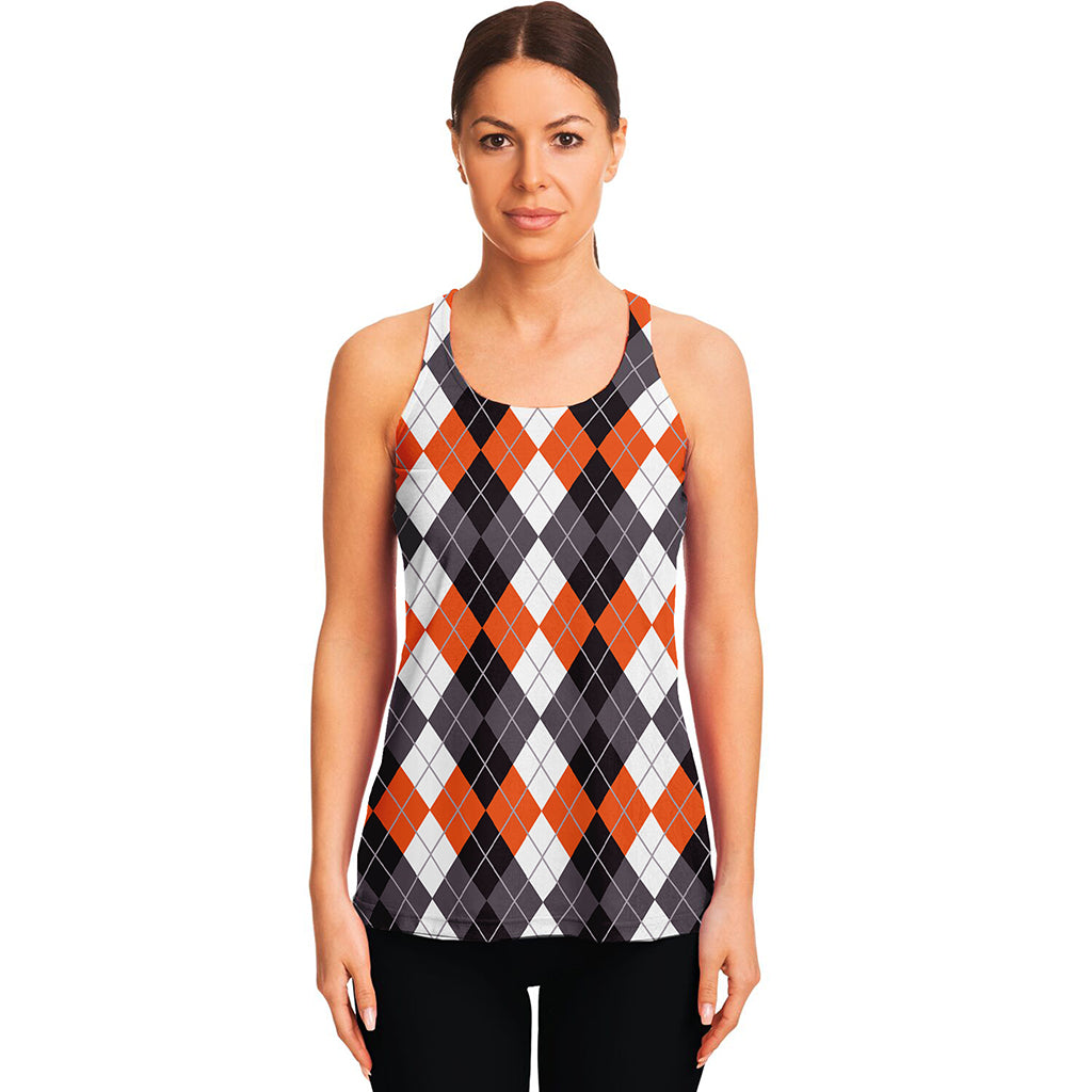 Grey Black Orange And White Argyle Print Women's Racerback Tank Top