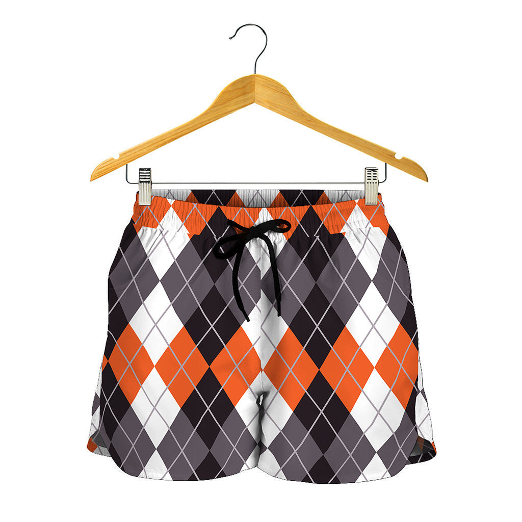 Grey Black Orange And White Argyle Print Women's Shorts