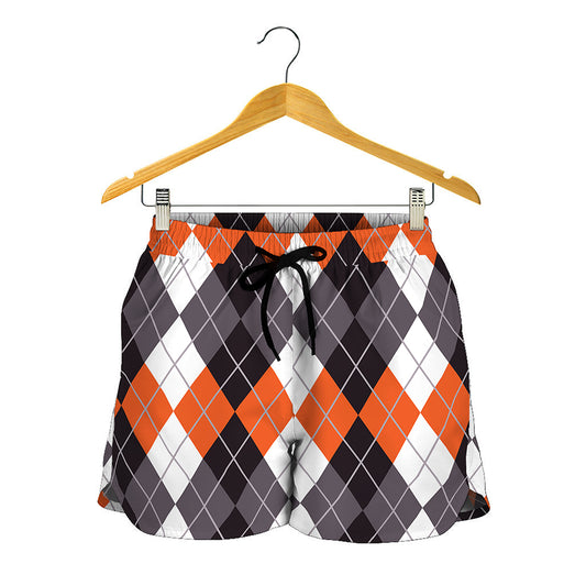 Grey Black Orange And White Argyle Print Women's Shorts