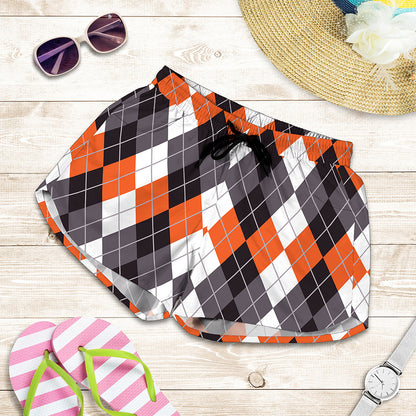 Grey Black Orange And White Argyle Print Women's Shorts
