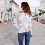 Grey Bronze Marble Print Off Shoulder Sweatshirt GearFrost