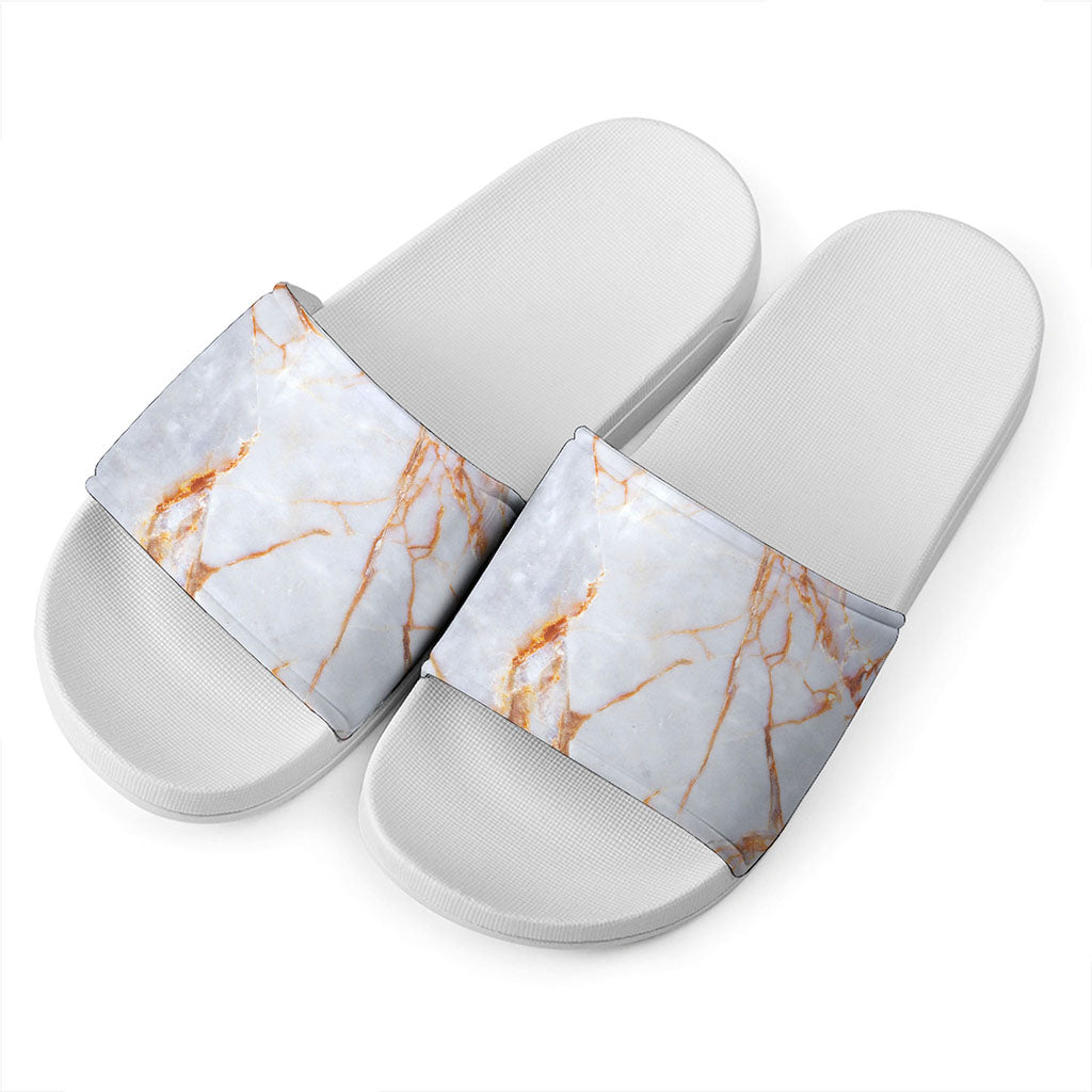 Grey Bronze Marble Print White Slide Sandals