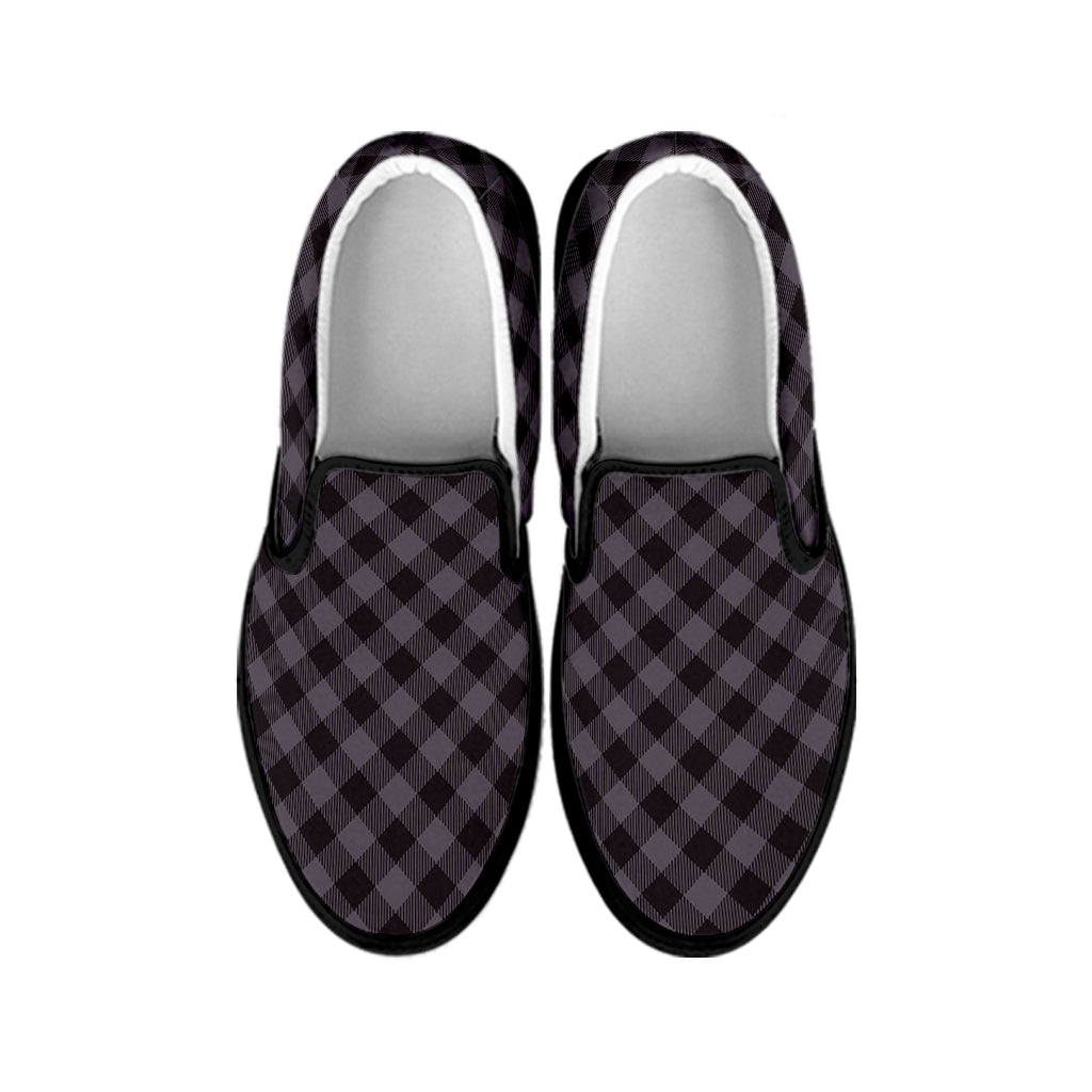 Grey Buffalo Plaid Pattern Print Black Slip On Shoes