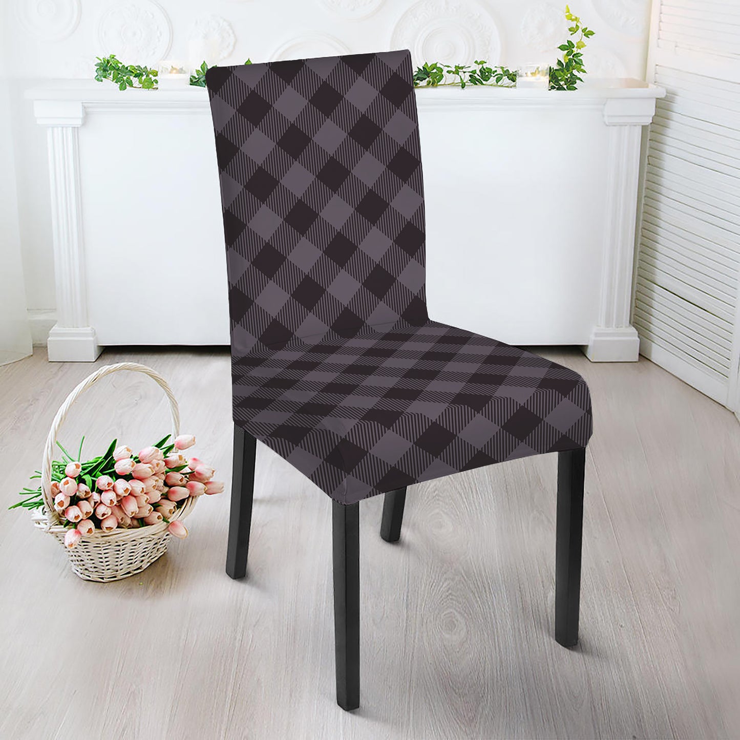 Grey Buffalo Plaid Pattern Print Dining Chair Slipcover