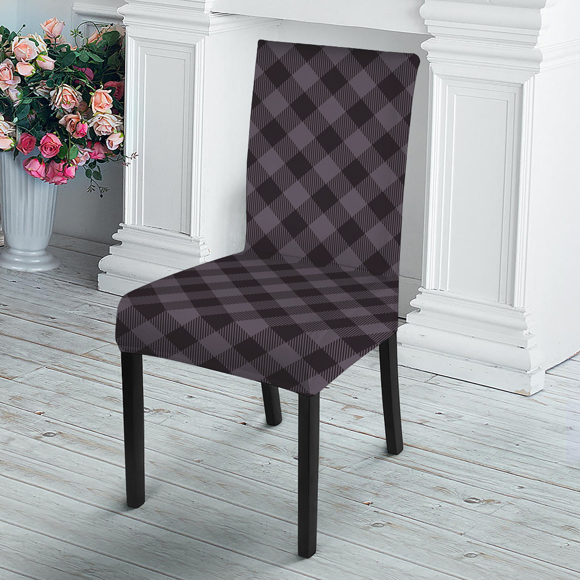 Grey Buffalo Plaid Pattern Print Dining Chair Slipcover