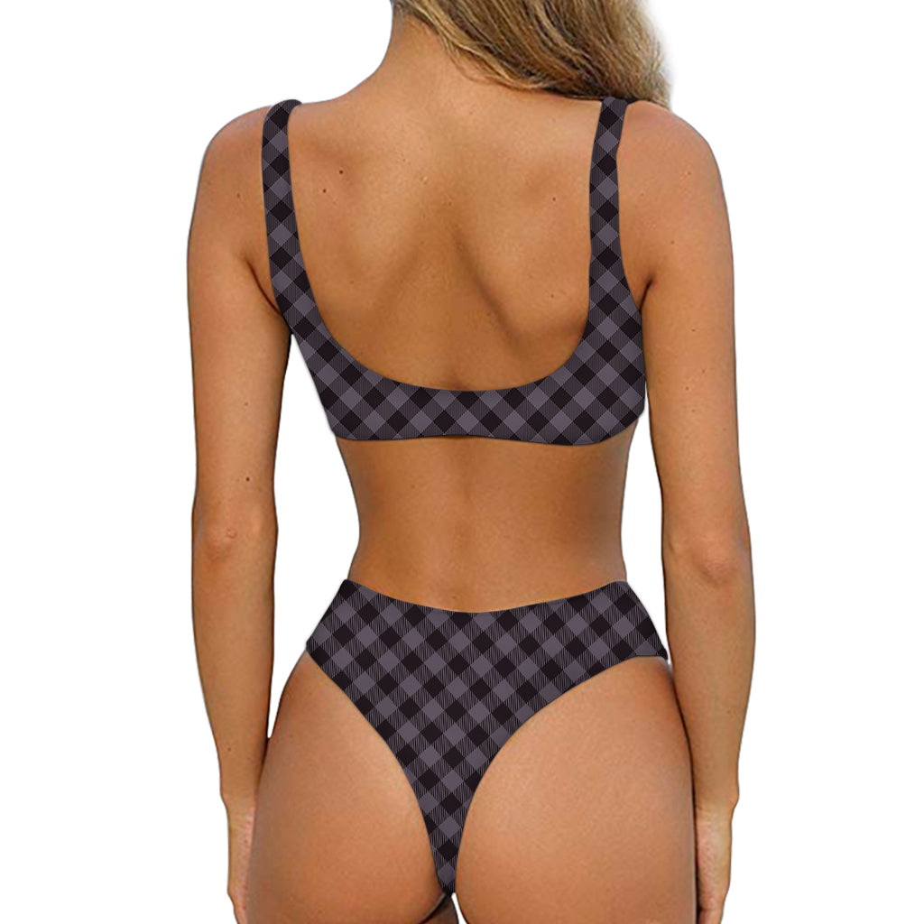Grey Buffalo Plaid Pattern Print Front Bow Tie Bikini