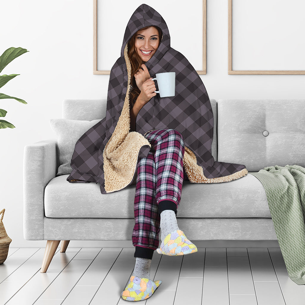 Grey Buffalo Plaid Pattern Print Hooded Blanket