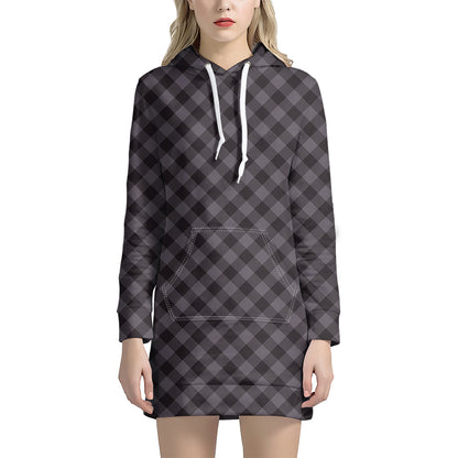 Grey Buffalo Plaid Pattern Print Hoodie Dress