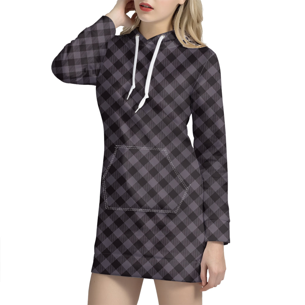 Grey Buffalo Plaid Pattern Print Hoodie Dress