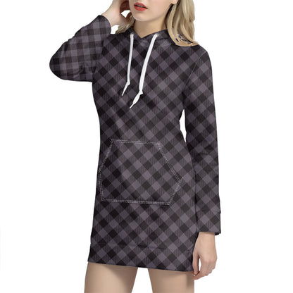 Grey Buffalo Plaid Pattern Print Hoodie Dress