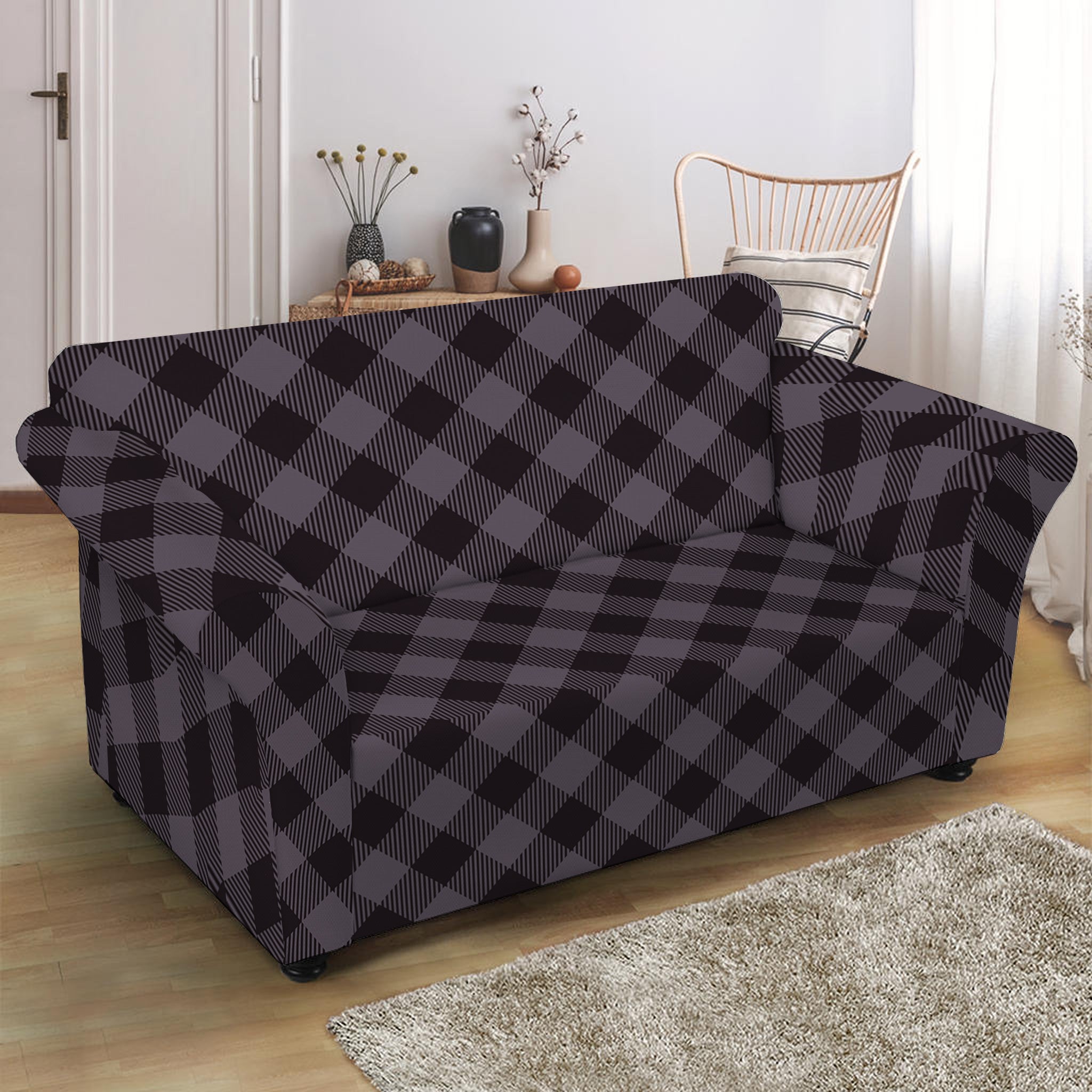 Grey Buffalo Plaid Pattern Print Loveseat Slipcover