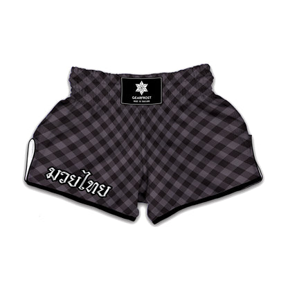 Grey Buffalo Plaid Pattern Print Muay Thai Boxing Shorts