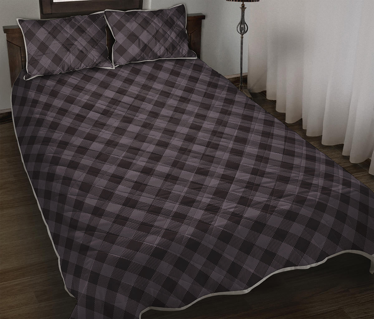 Grey Buffalo Plaid Pattern Print Quilt Bed Set