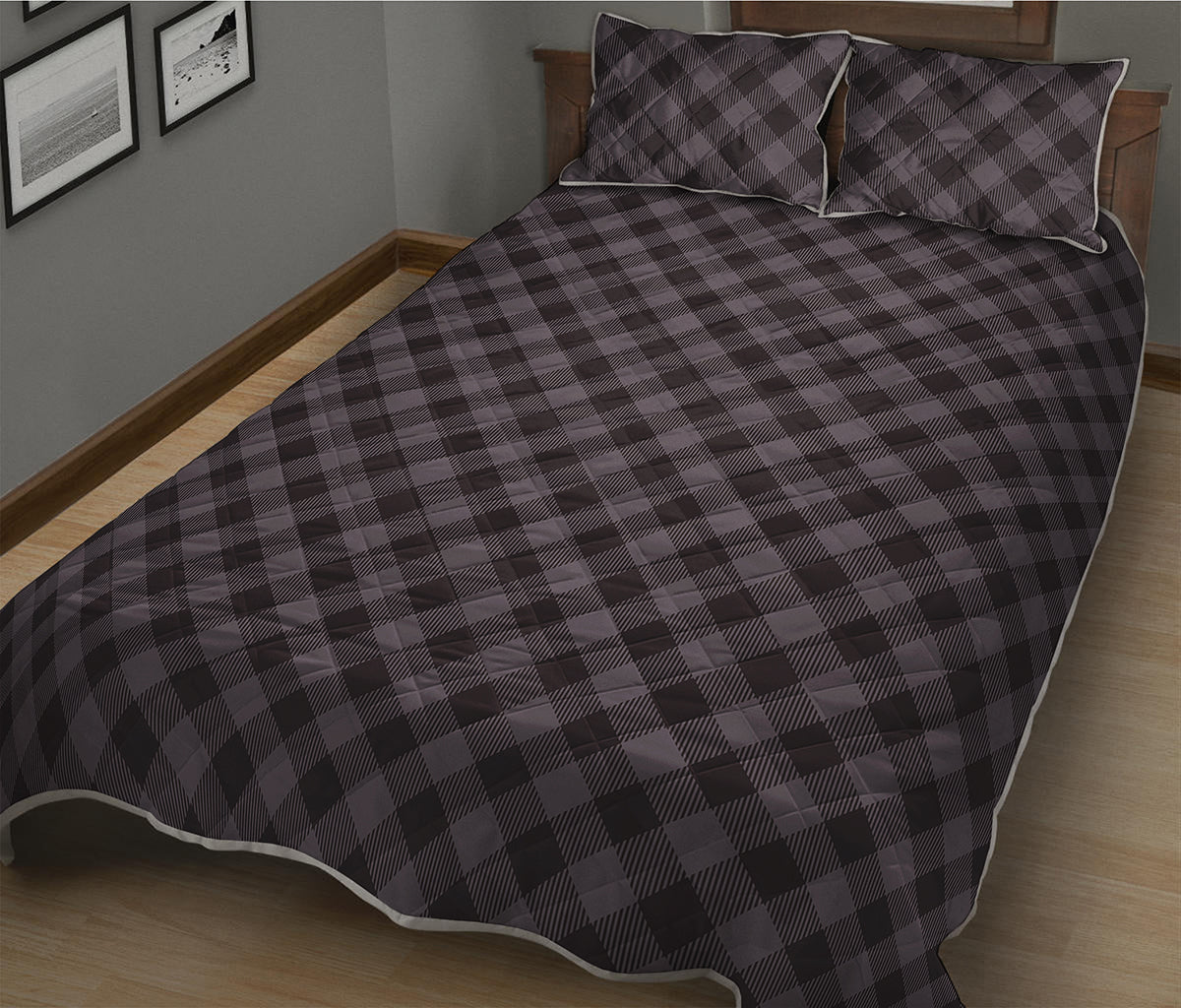 Grey Buffalo Plaid Pattern Print Quilt Bed Set