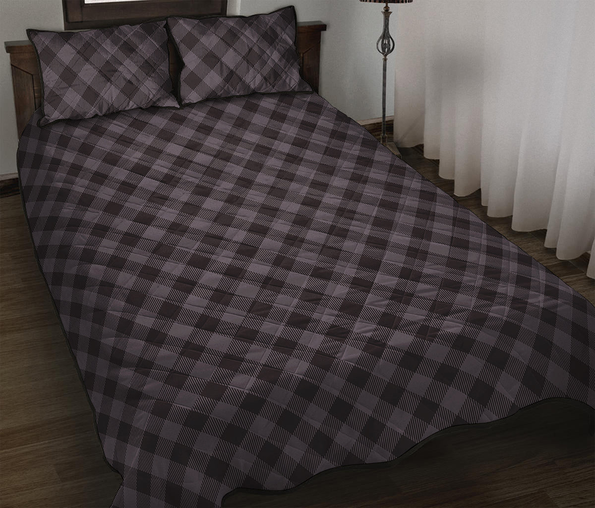 Grey Buffalo Plaid Pattern Print Quilt Bed Set