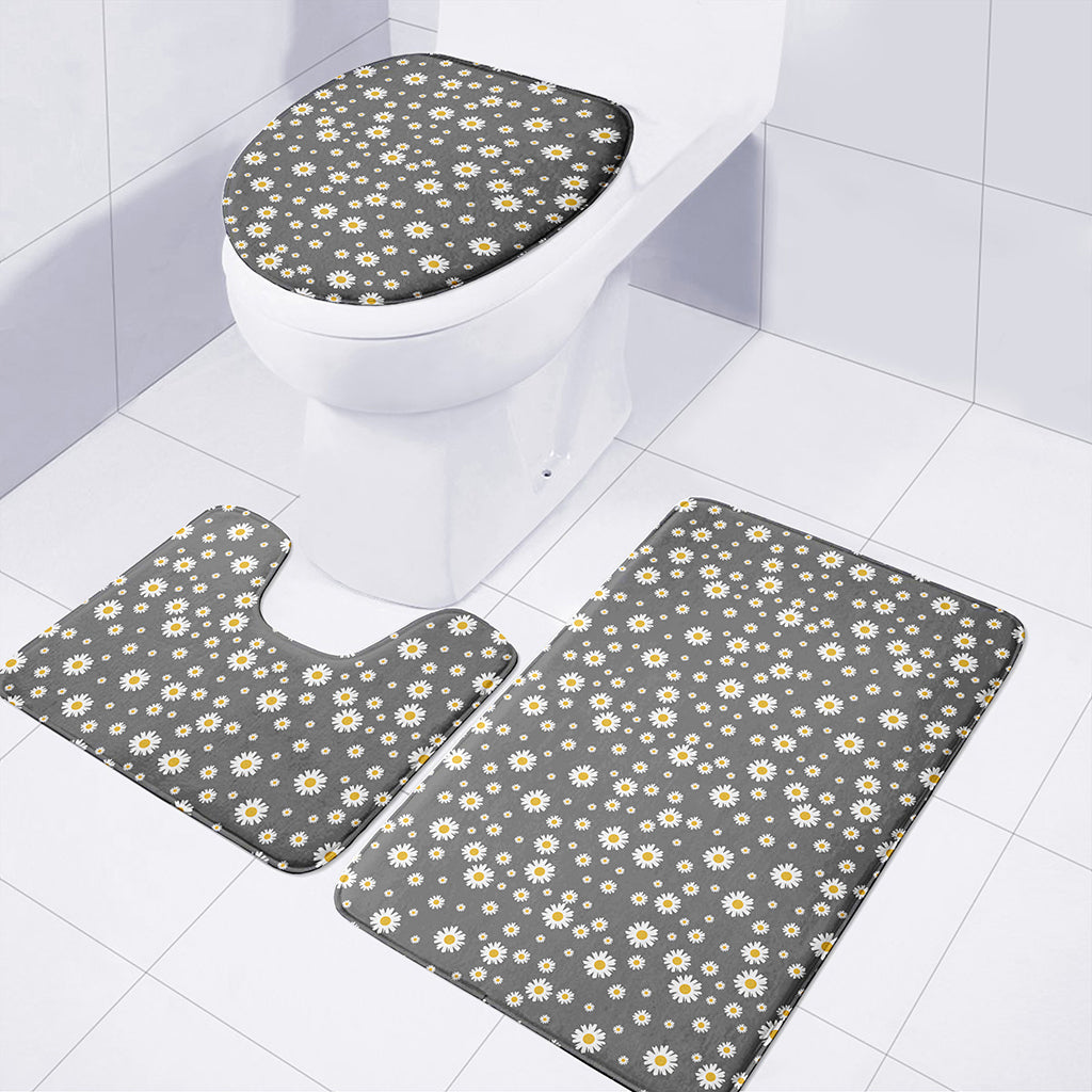 Grey Daisy Floral Pattern Print 3 Piece Bath Mat Set