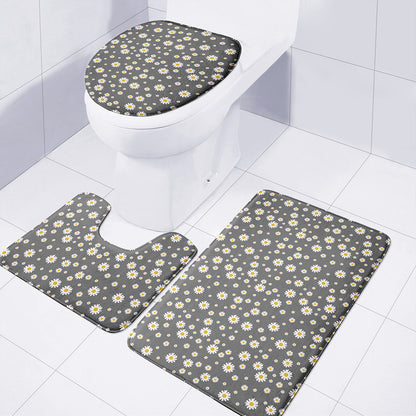 Grey Daisy Floral Pattern Print 3 Piece Bath Mat Set