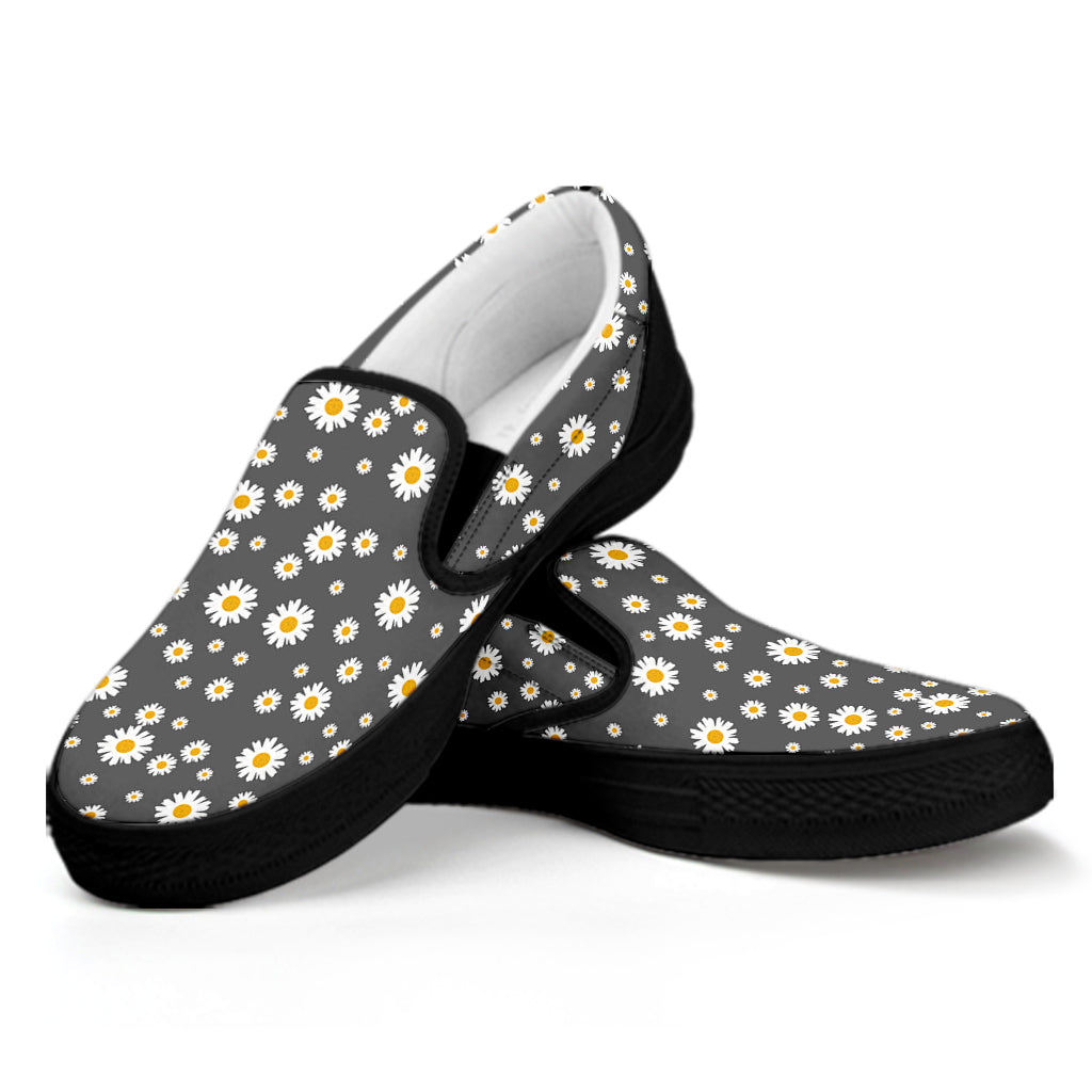 Grey Daisy Floral Pattern Print Black Slip On Shoes
