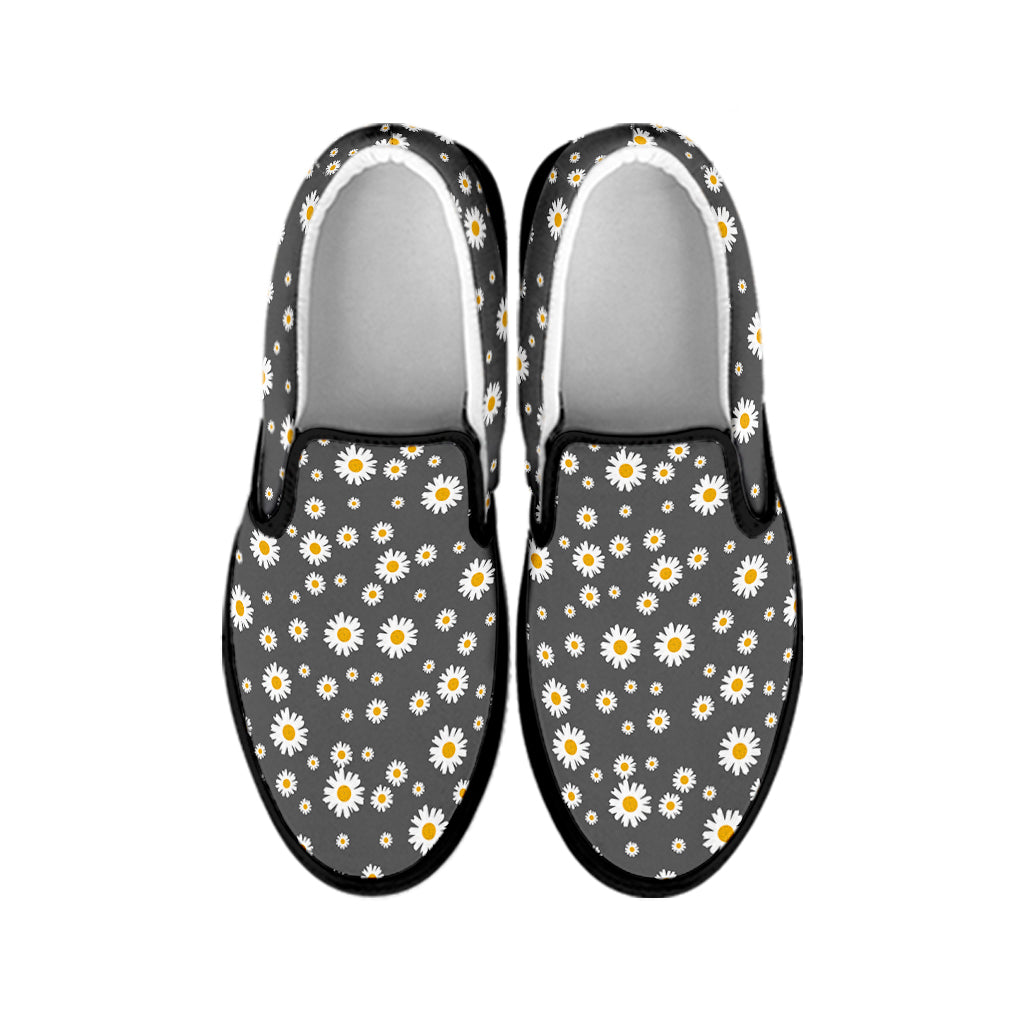 Grey Daisy Floral Pattern Print Black Slip On Shoes