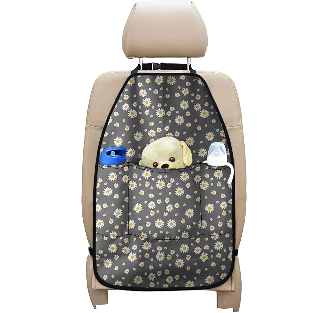 Grey Daisy Floral Pattern Print Car Seat Organizers