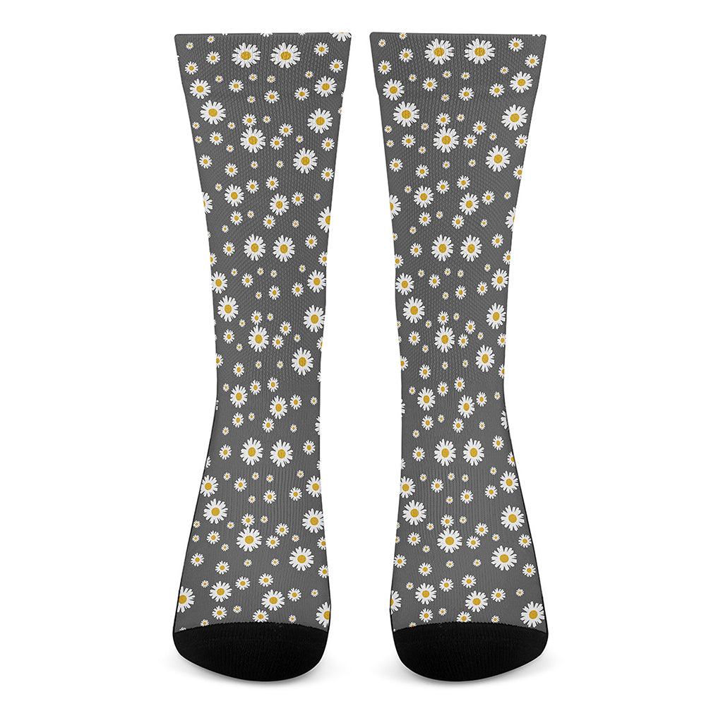Grey Daisy Floral Pattern Print Crew Socks