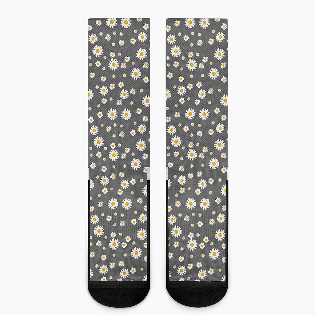 Grey Daisy Floral Pattern Print Crew Socks