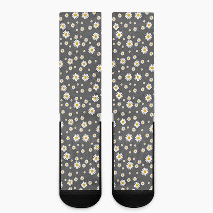 Grey Daisy Floral Pattern Print Crew Socks