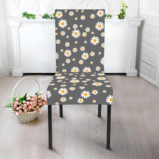 Grey Daisy Floral Pattern Print Dining Chair Slipcover