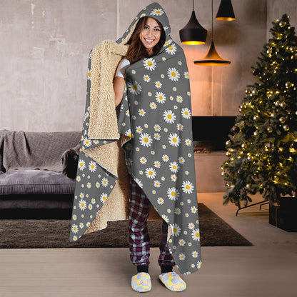 Grey Daisy Floral Pattern Print Hooded Blanket