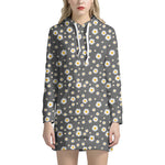 Grey Daisy Floral Pattern Print Hoodie Dress