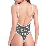 Grey Daisy Floral Pattern Print One Piece High Cut Swimsuit