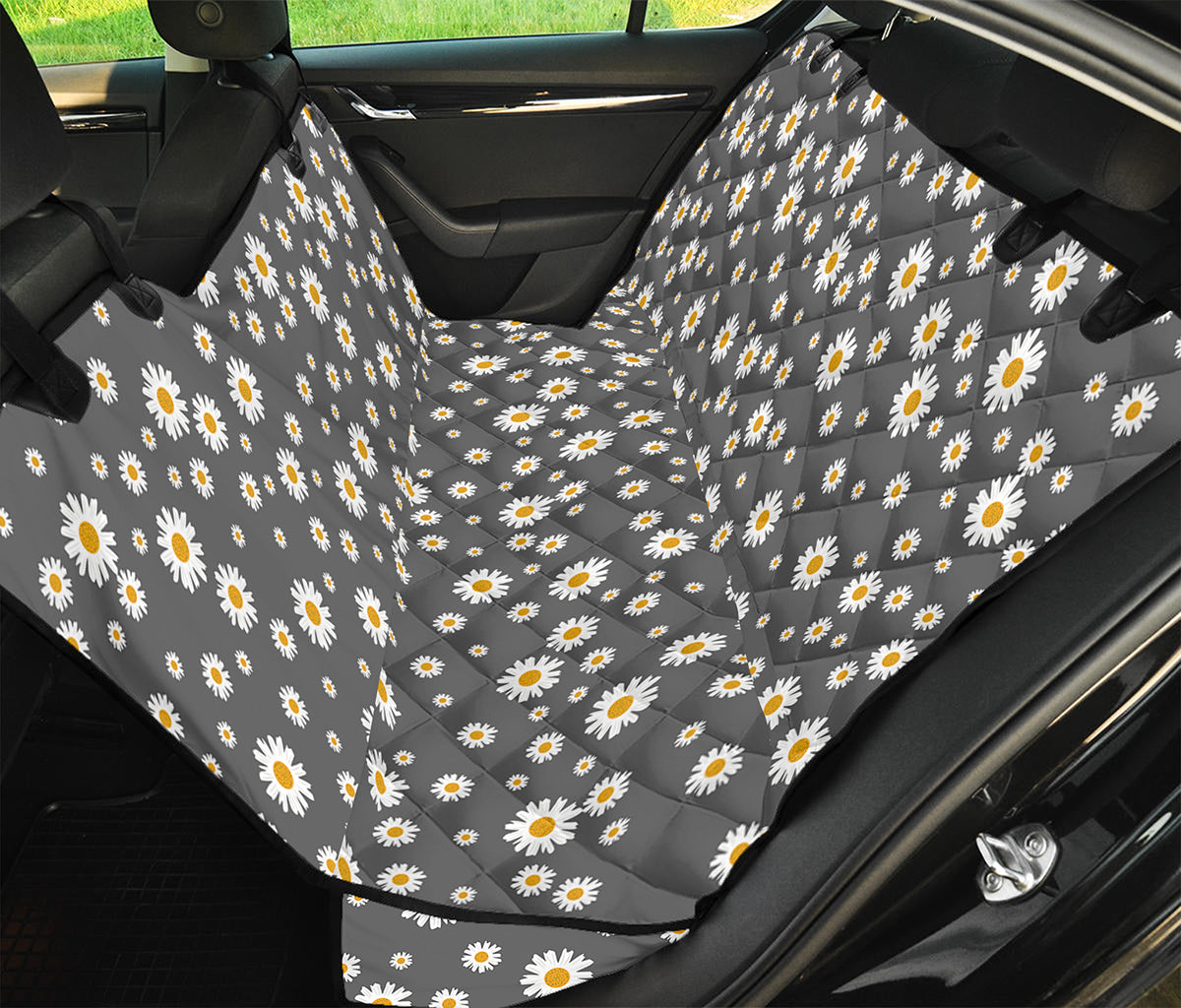 Grey Daisy Floral Pattern Print Pet Car Back Seat Cover