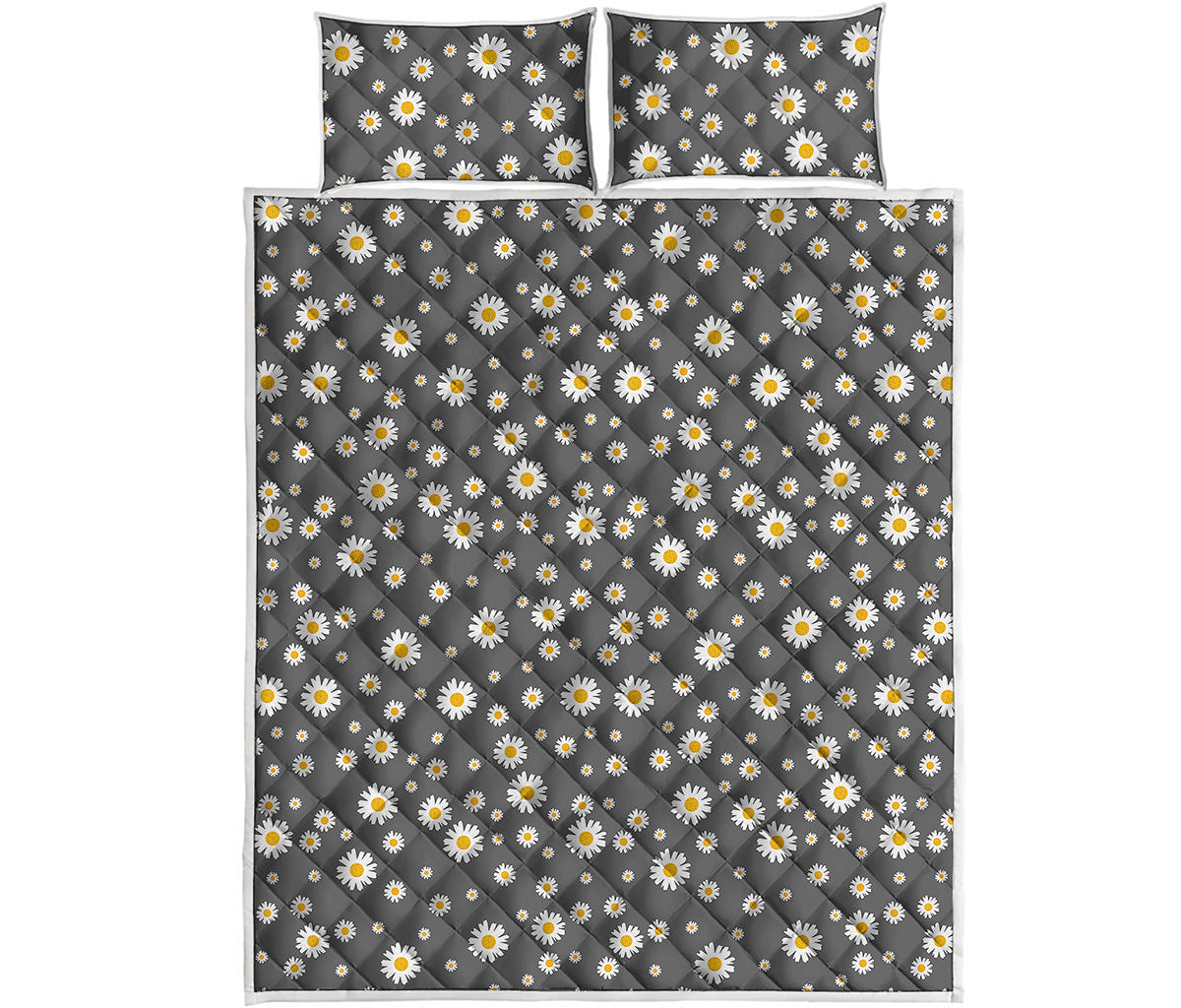 Grey Daisy Floral Pattern Print Quilt Bed Set