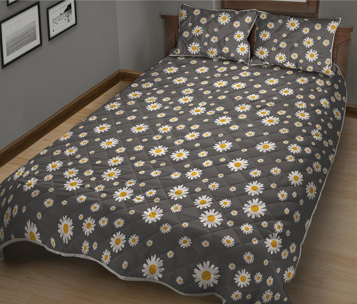 Grey Daisy Floral Pattern Print Quilt Bed Set