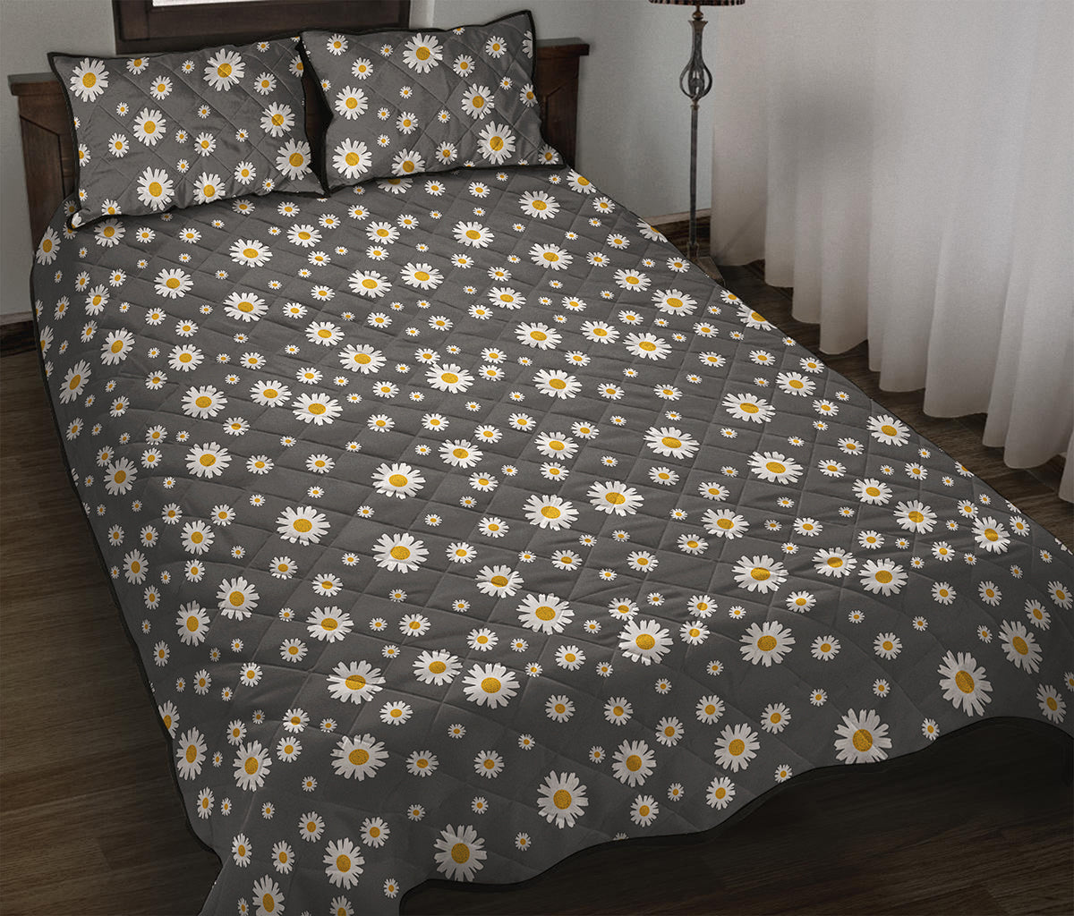 Grey Daisy Floral Pattern Print Quilt Bed Set