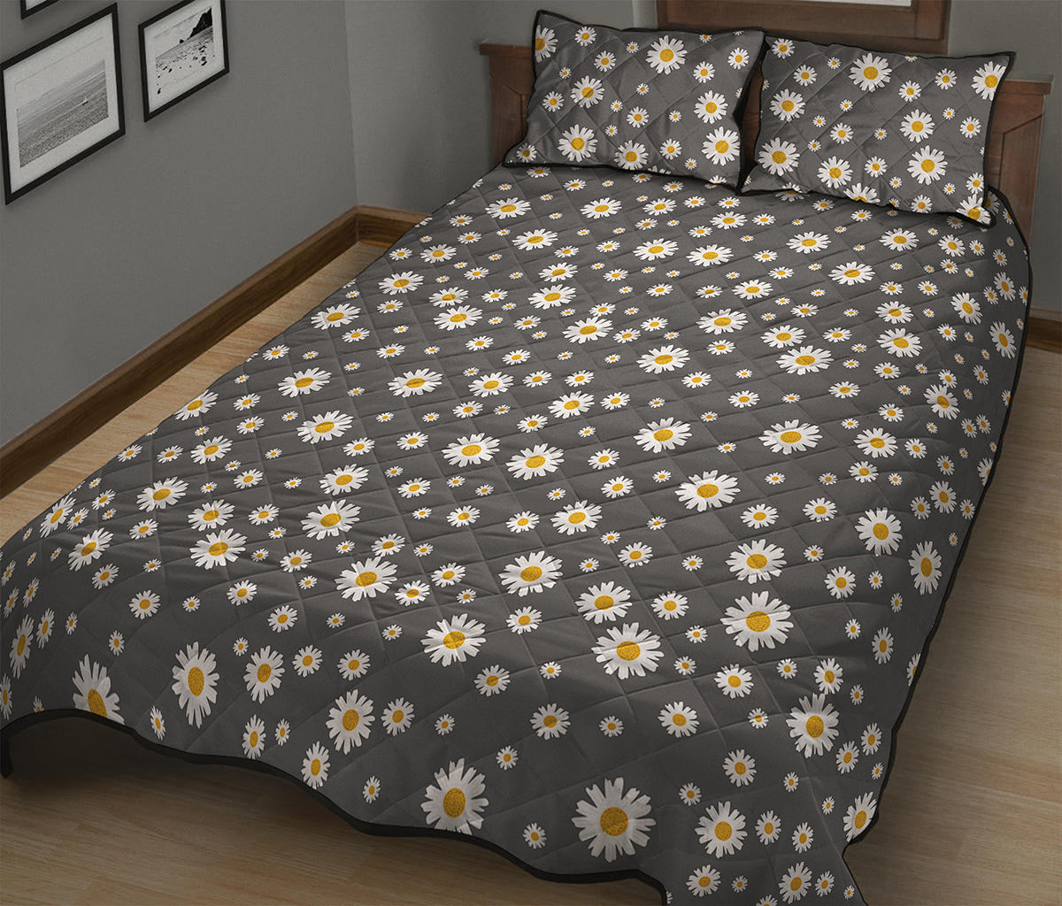 Grey Daisy Floral Pattern Print Quilt Bed Set