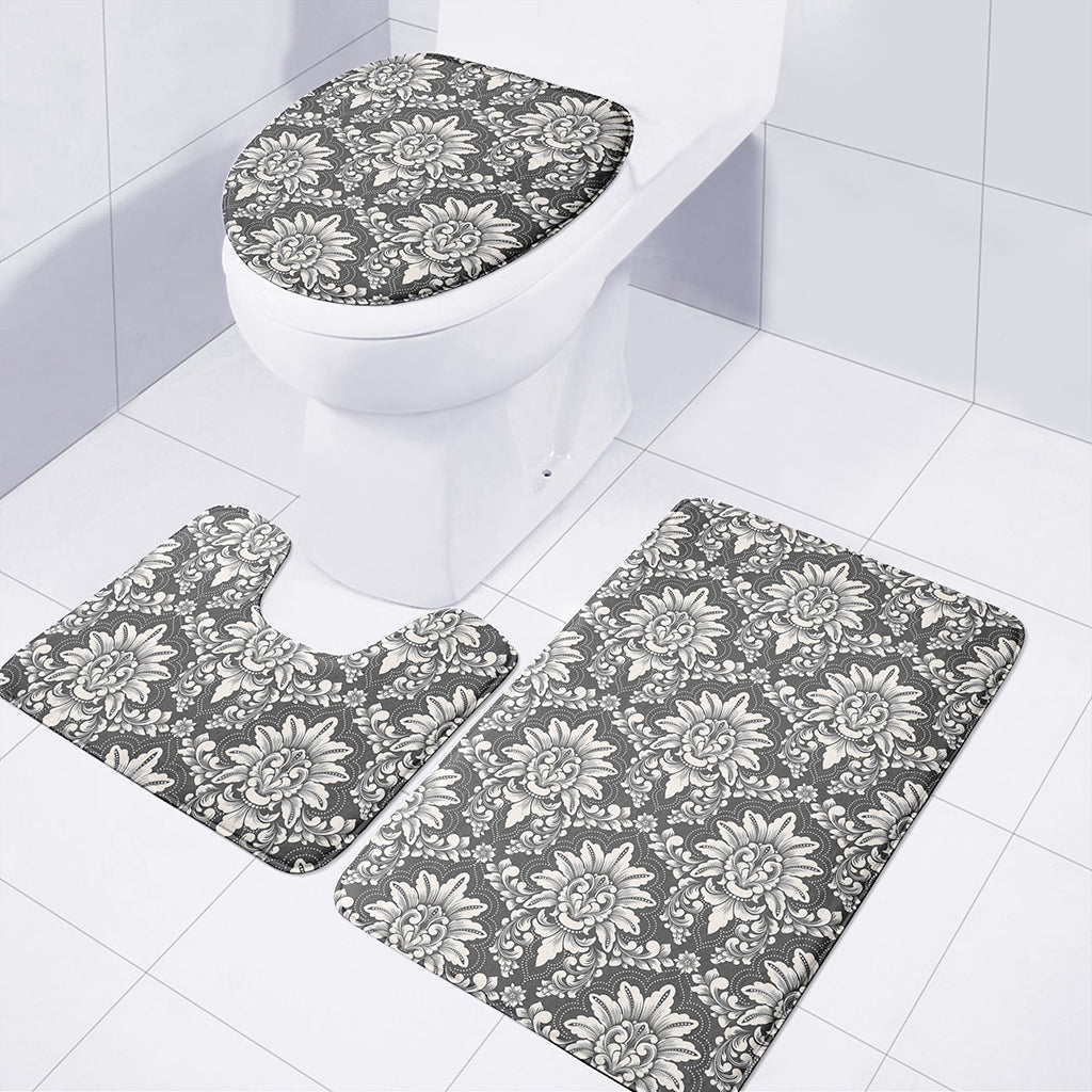 Grey Damask Pattern Print 3 Piece Bath Mat Set