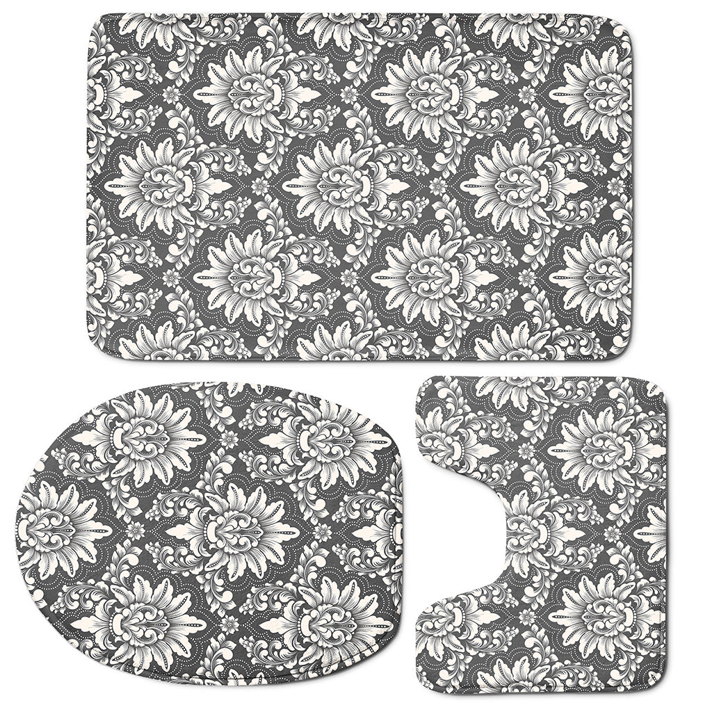 Grey Damask Pattern Print 3 Piece Bath Mat Set