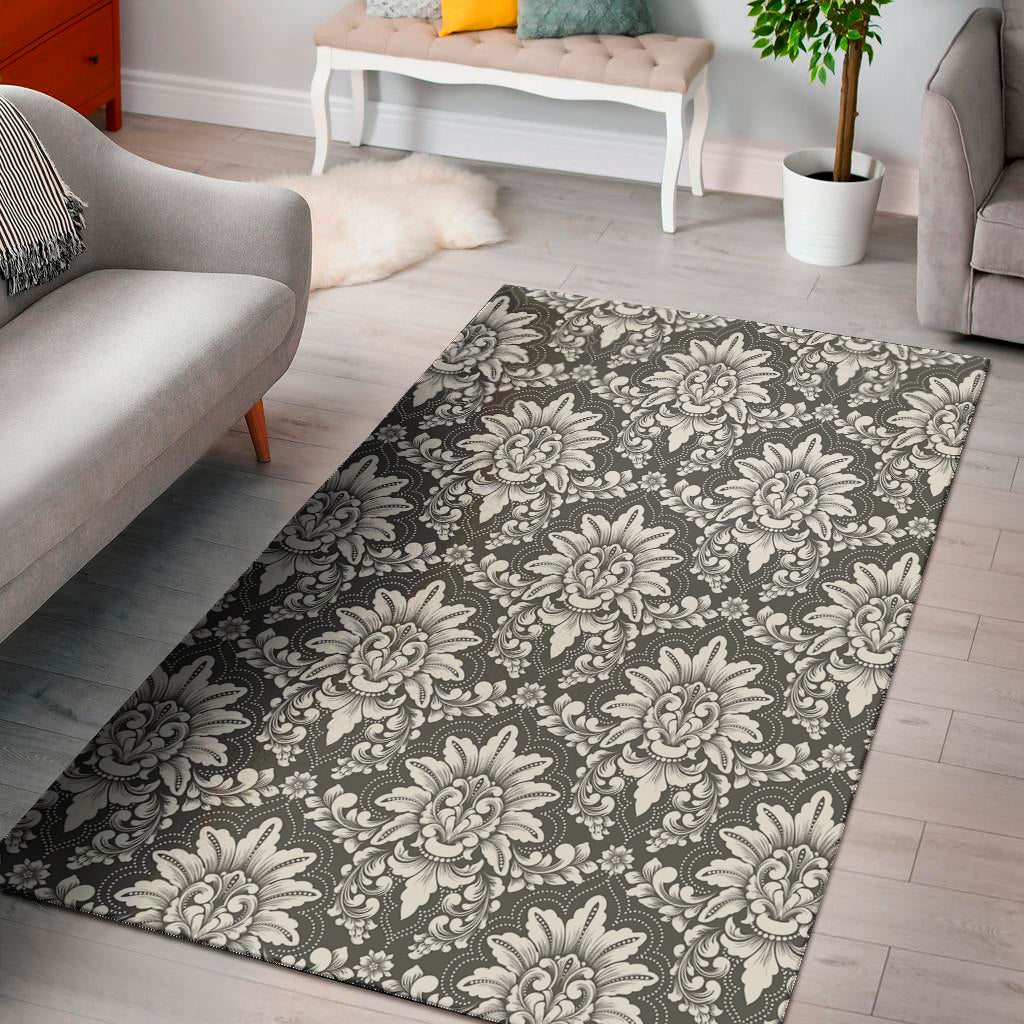 Grey Damask Pattern Print Area Rug